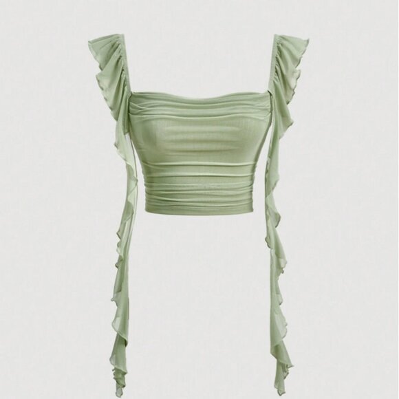 SHEIN MOD 2XL 16 Plus Green Ruffle Trim Mesh Crop Cami Top Shoulder Strap Blouse - Picture 1 of 5